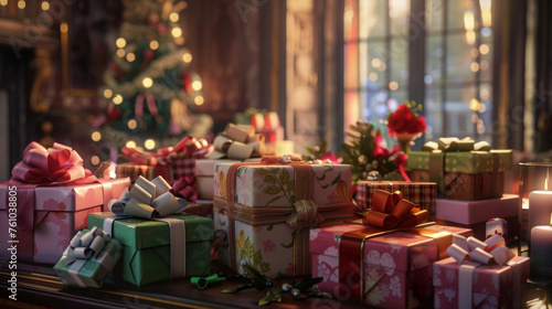 A table overflowing with beautifully wrapped presents eagerly waiting to be od on this special day. © Justlight