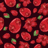 Easter seamless pattern with glass red eggs with mallow design and red mallow buds for poster, banner or holiday card