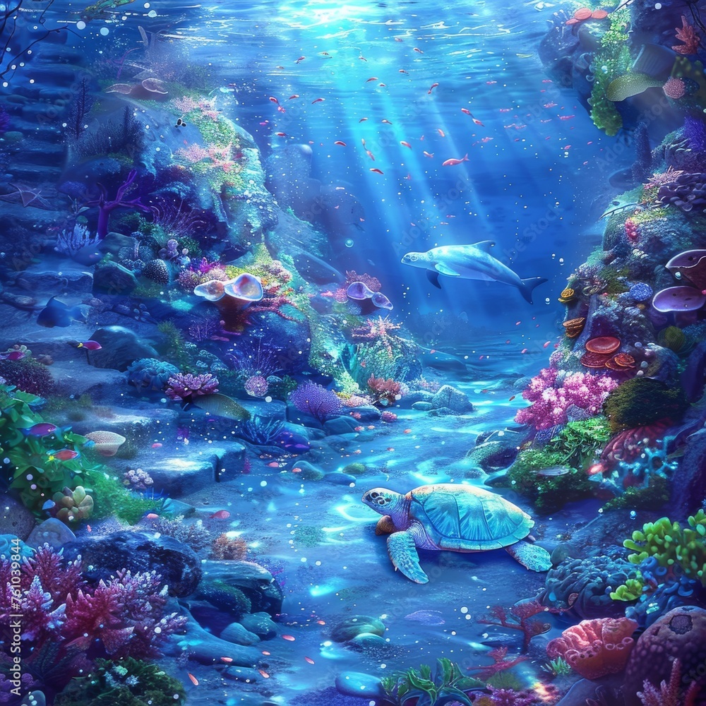Fototapeta premium Magical underwater scene with sunbeams filtering through, showcasing a serene turtle amongst vivid coral, a beautiful depiction of ocean life in digital art form