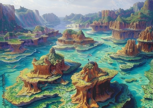 Fantastical landscape illustration of a lush archipelago with vibrant terrain and crystal-clear waters  a dreamy and exotic escape into a digital paradise