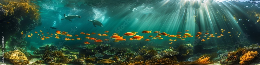 Panoramic underwater illustration with schools of fish swimming among coral reefs, a sunlit scene reflecting the vibrant and interconnected marine ecosystem - obrazy, fototapety, plakaty 