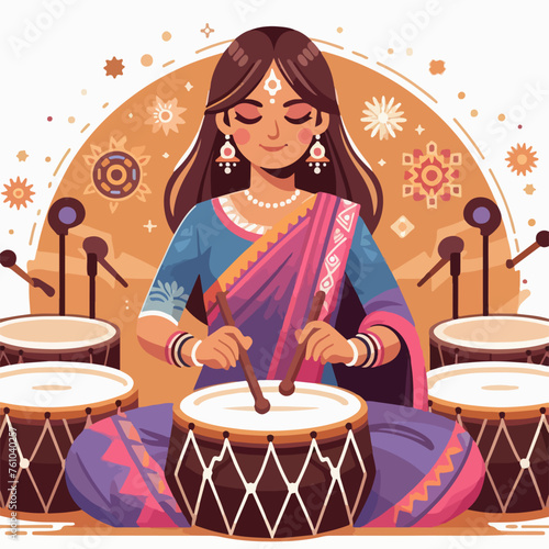 vector illustration of woman in Indian dress playing drums