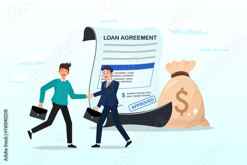 Businessman shaking hand with loan agreement and money bag, loan agreement borrow money from bank, mortgage, debt or obligation to pay back interest rate, personal loan or financial support (Vector)