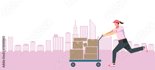 台車で荷物を運ぶ8等身の日本人女性のイラスト街並みの背景　フラットデザイン　配達運輸宅配物流のイメージ