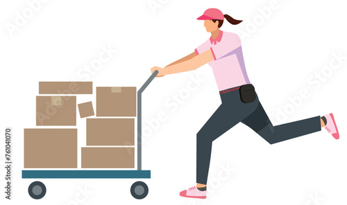 台車で荷物を運ぶ8等身の日本人女性のイラスト白背景　フラットデザイン　配達運輸宅配物流のイメージ