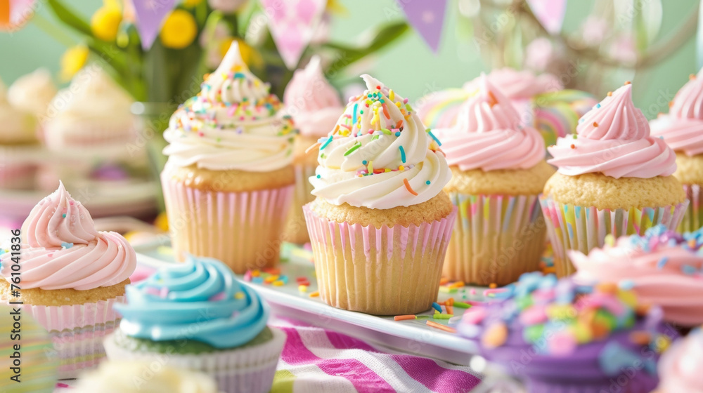 A table adorned with a vibrant pastel striped tablecloth showcases a variety of Easterthemed cupcakes each topped with a different icing design and sprinkles. A banner above A table adorned with a vibrant pastel striped tablecloth showcases a variety of Easterthemed cupcakes each topped with a different icing design and sprinkles. A banner above