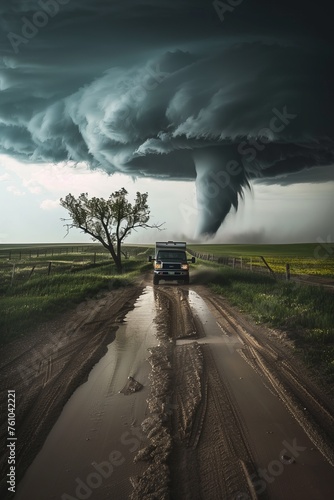 Storm chaser driving into the heart of a tornado to capture scientific data, Generative AI photo