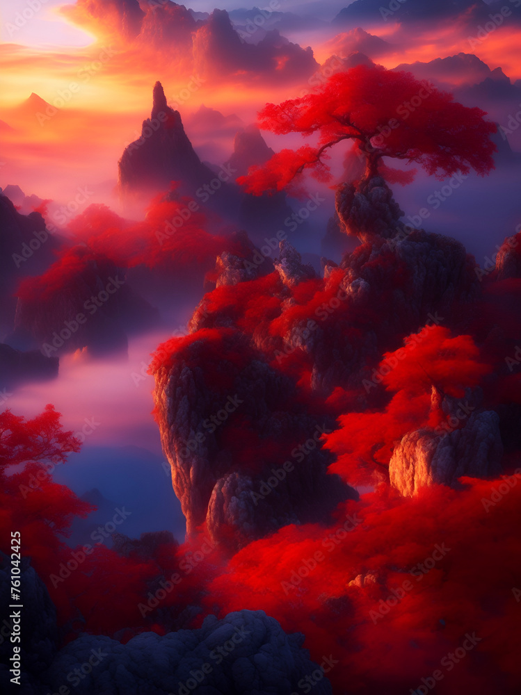 sunset in the mountains, sunrise over mountains and sea, red trees, red leaves, Asian temple, Chinese tower, Wall Art Design for Home Decor, wallpaper for cellphone, mobile smart cell phone background