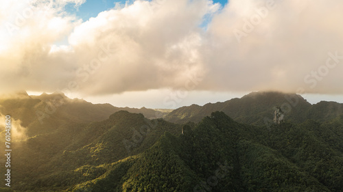 Slika na platnu Rarotonga's The Needle mountain peak sits at the top of a thick forested mountain range