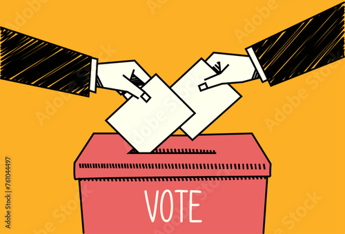 Voting process illustration with hands placing votes into a ballot box. Global democratic participation and general and presidential elections in 2024