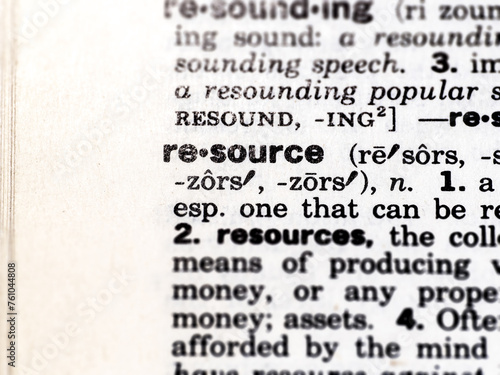 Closeup of the word resource in the dictionary