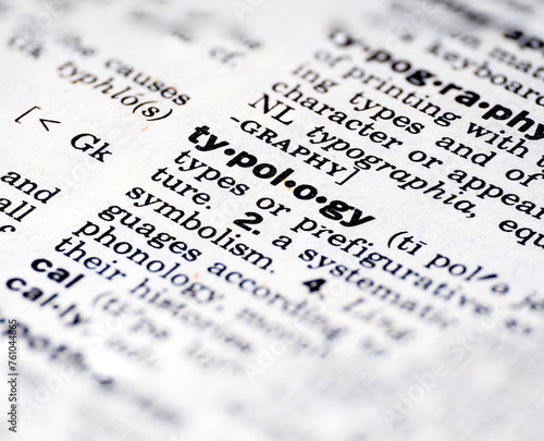 Closeup of the word typology from the dictionary