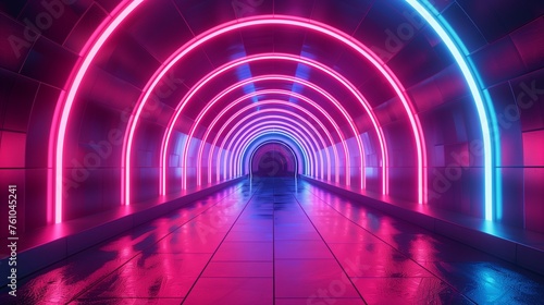 Abstract futuristic tunnel with neon lights and geometric patterns. Technology and innovation concept