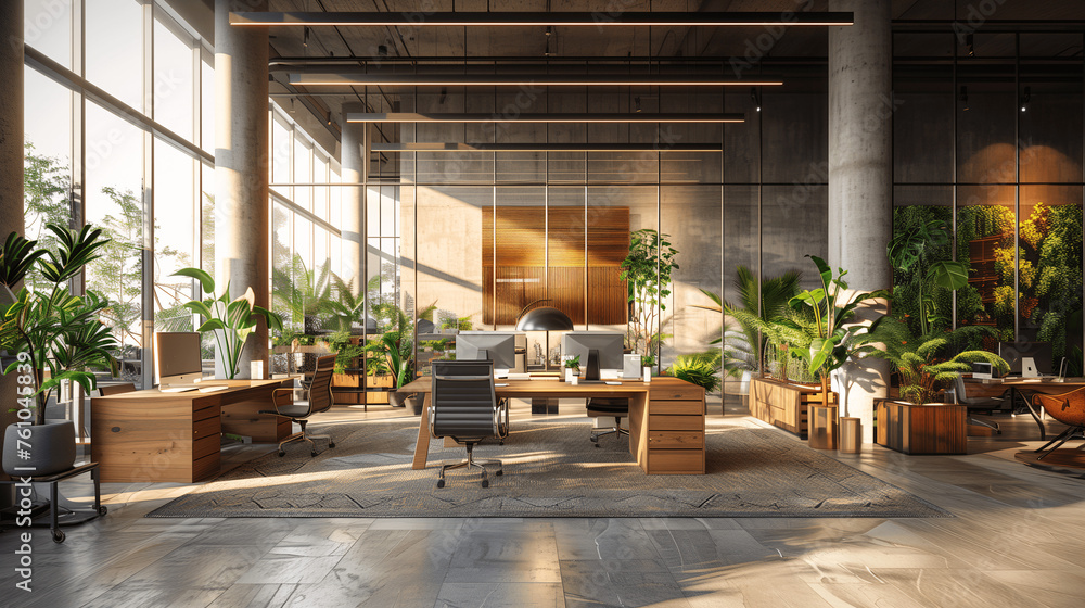 Modern Office Interior with Plants and Natural Light - obrazy, fototapety, plakaty 