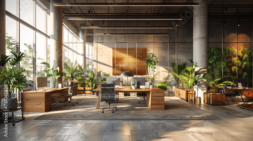Modern Office Interior with Plants and Natural Light photo