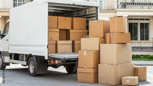 Moving Van On Street With Ramp, Boxes And Household Furnishings © Nataliya