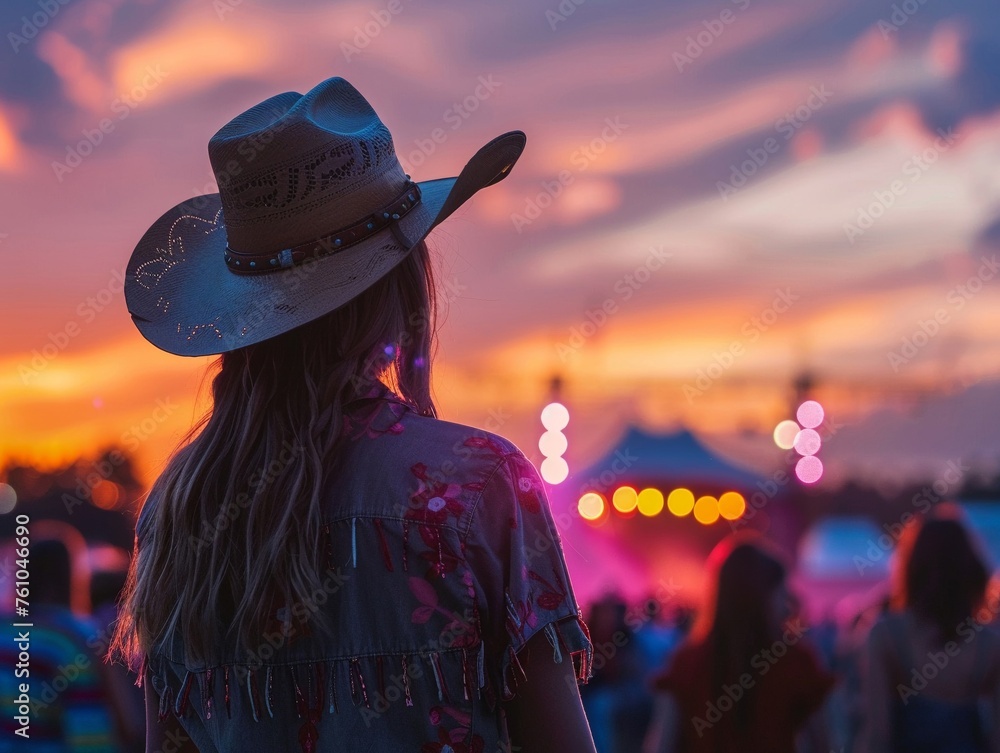 Woman in cowboy hat at sunset concert Woman in cowboy hat at sunset concert