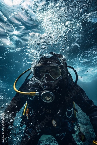 Wallpaper Mural Deep-sea diver exploring the ocean depths, surrounded by swirling currents and exotic marine life, Generative AI Torontodigital.ca