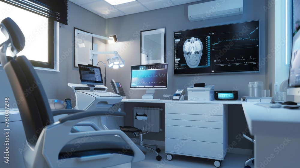 A state-of-the-art telemedicine setup with a digital screen and video conferencing equipment for remote consultations A state-of-the-art telemedicine setup with a digital screen and video conferencing equipment for remote consultations