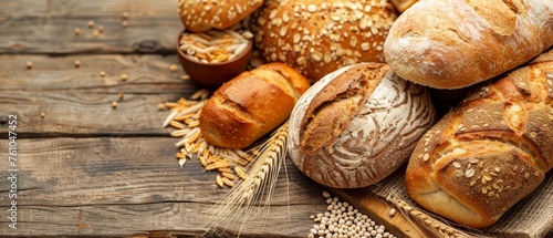 Nutritious bread variety grains on wood kitchen food concept
