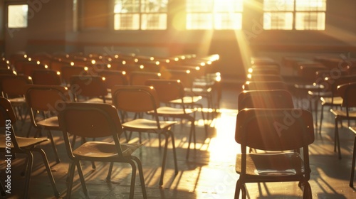 Rows of empty classroom chairs bathed in golden sunlight © Shutter2U