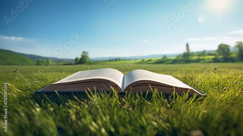 A book is open on a grassy field