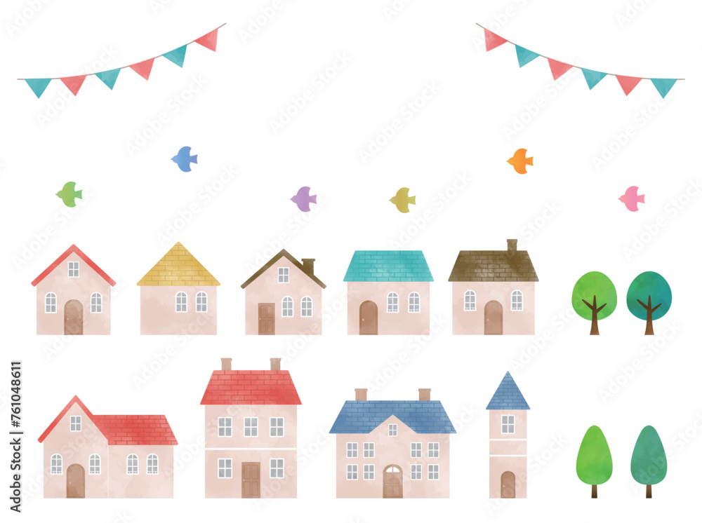 Watercolor illustration of cute houses. Townscape background.