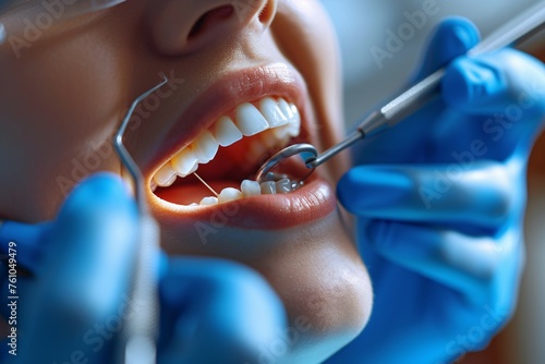A dentist in close-up, holding dental tools while examining a smiling woman's teeth