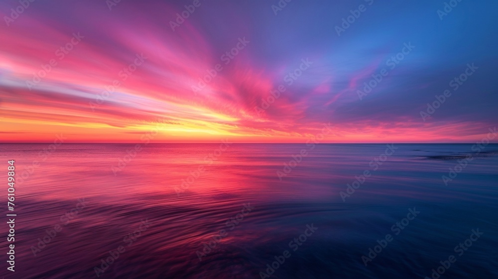 A peaceful stillness envelopes the ocean as the horizon is transformed into a canvas of vivid hues. The sky seems to be on fire with streaks of scarlet and tangerine merging