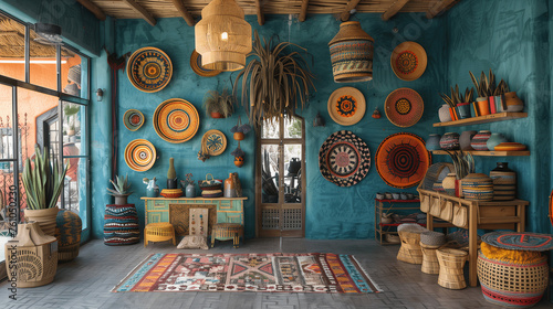 Bohemian Interior Design with Woven Baskets and Ethnic Decor