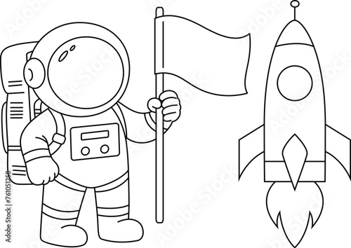 Rocket Ship Astronaut Holding a Flag Coloring Page