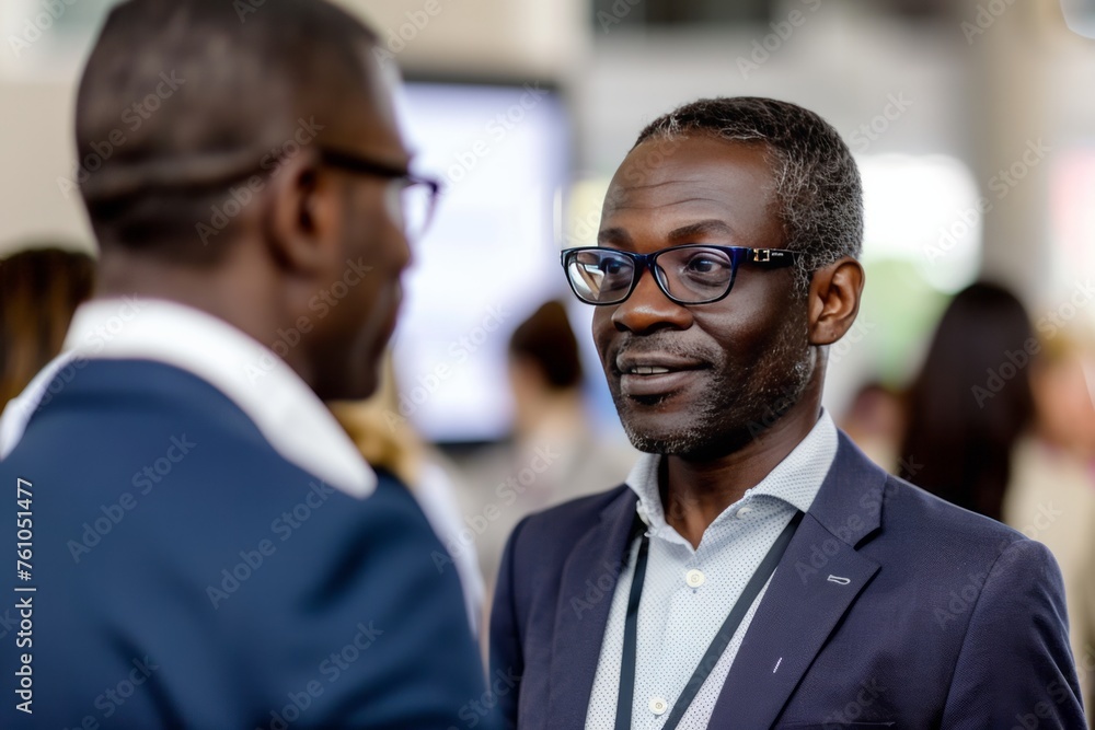 Two business partners conferring with each other during a corporate conference, exchanging insights and perspectives, Generative AI Two business partners conferring with each other during a corporate conference, exchanging insights and perspectives, Generative AI