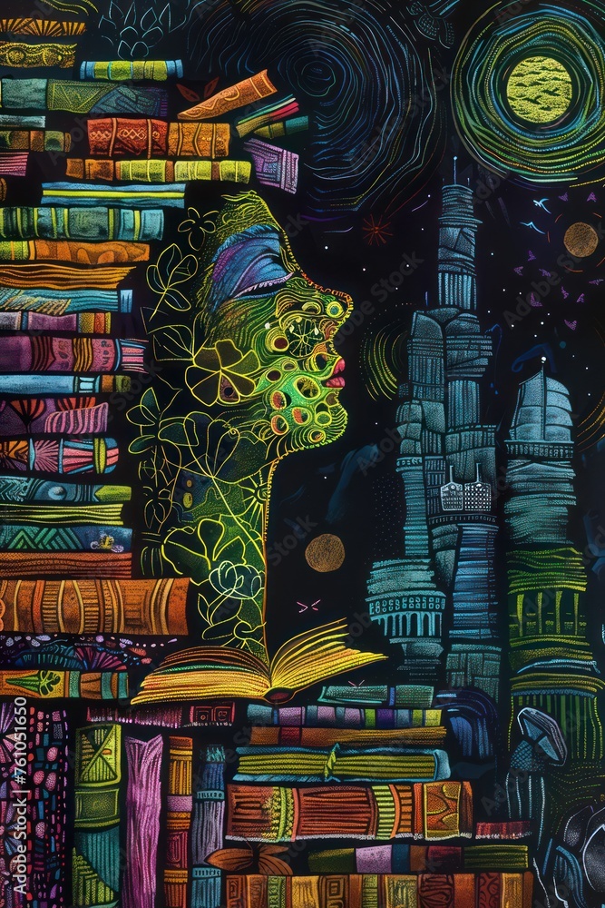 Obraz premium Artistic image with colorfully stacked books and elements of space and cityscape