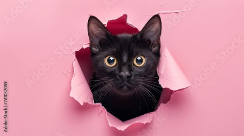 Black cat peeking through ripped hole in pink paper background flat lay © KumCup