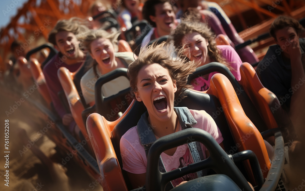 Happy tourist opens arms, cheers, fastens seat belt and rides roller coaster. Happy tourist opens arms, cheers, fastens seat belt and rides roller coaster.
