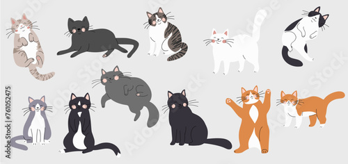 Fototapeta Naklejka Na Ścianę i Meble -  Cute flat cartoon cats. Vector set of illustrations, for children's cards, invitations, poster design, gifts, wrapping paper