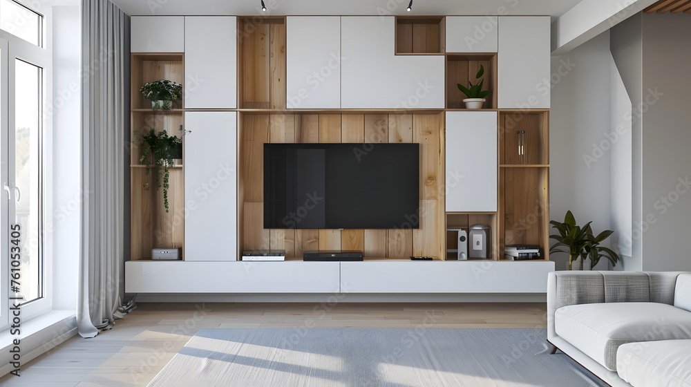 TV cabinet and display with on wood flooring and pastel green wall, minimalist and vintage interior of living room TV cabinet and display with on wood flooring and pastel green wall, minimalist and vintage interior of living room
