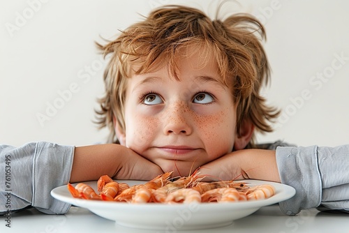 A little boy  child with a voracious appetite is staring at a platter of prawns over a white setting and space  Generative AI.