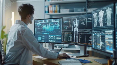 In a modern sports medicine lab a closeup of a student using a computer to yze data from a recent injury case study. Graphs and charts are displayed on the screen as they photo