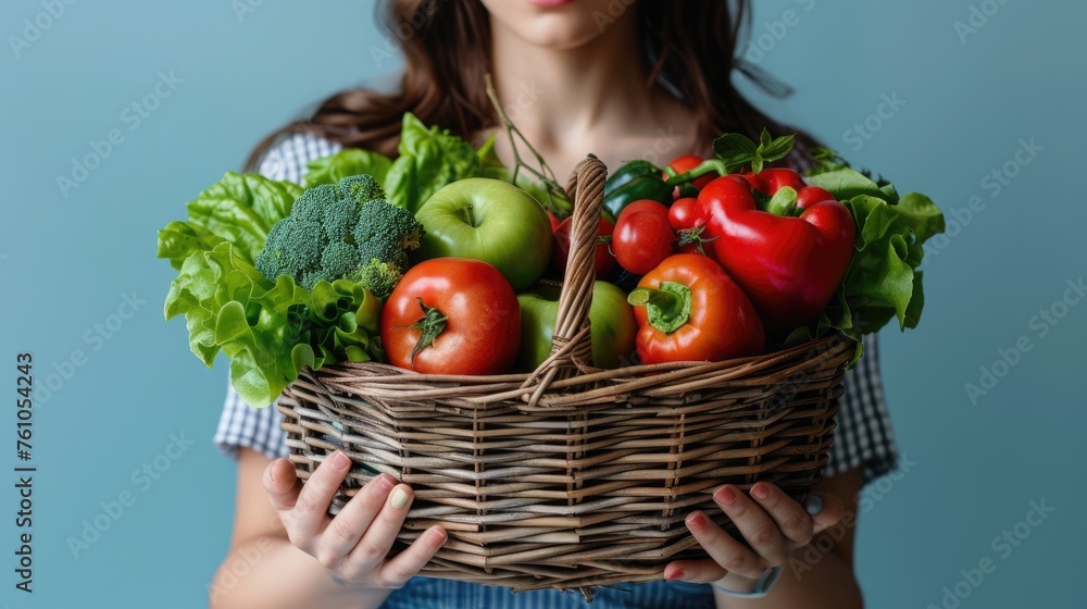 A large basket with a fresh harvest of vegetables and fruits in the hands of a girl. A large basket with a fresh harvest of vegetables and fruits in the hands of a girl.