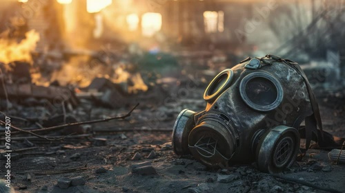 Old dusty respirator mask in the atmosphere of Soviet ruins Powerful background with atmospheric animation of light and dust, design for post-apocalyptic themes