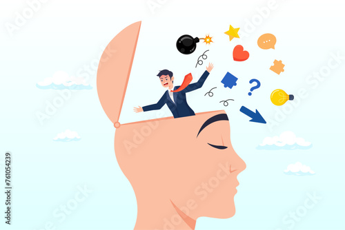 Ambitious businessman declutter, clean and clear all messy anxiety from his big head , declutter your mind, clear your brain to regain focus improve creative thinking ability, free up memory (Vector)