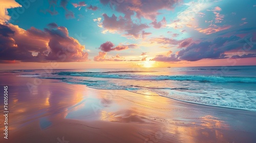 A serene beach at sunset with colorful sky reflecting on the wet sand