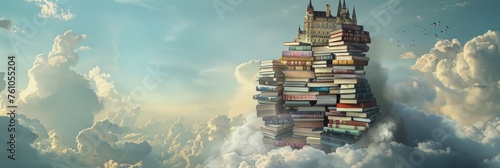 A tall tower made of books, floating in the sky surrounded by clouds. The top part is spiky and has two small towers on each side photo