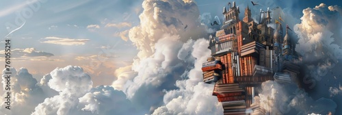 A fantasy depiction of the cloud castle, perched atop fluffy white clouds in an open sky