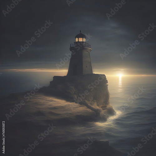 Silhouette of a lighthouse in the dark.