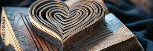 3d printed heartshaped books with intricate Celtic knot designs, resting on the ground photo