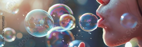 A closeup of bubbles being blown by an adult, with the focus on their delicate and colorful appearance against a blurred background
