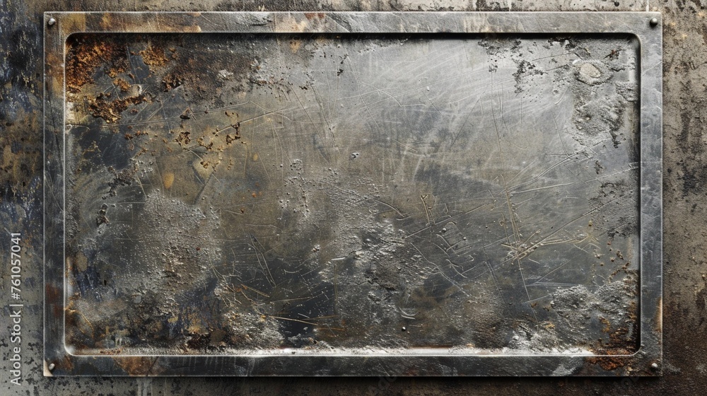 Textured Rusty Distressed Rectangular Riveted Metal Frame Mock-Up Isolated on a Grunge Wall - obrazy, fototapety, plakaty 
