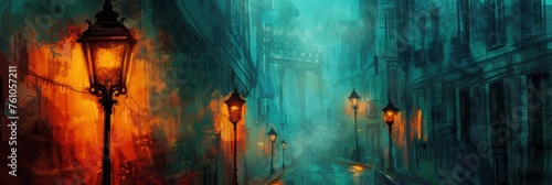 Night street lamp painting, street lamp in the city, turquoise and amber tones, mysterious light, blurred background